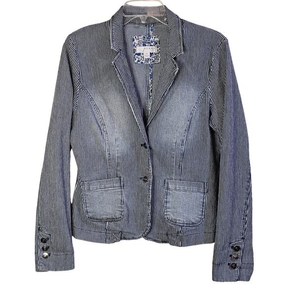 Kenar Womens Blazer Sz M Preppy Parisian Chic Coastal Grandmother Striped Floral - Picture 2 of 9